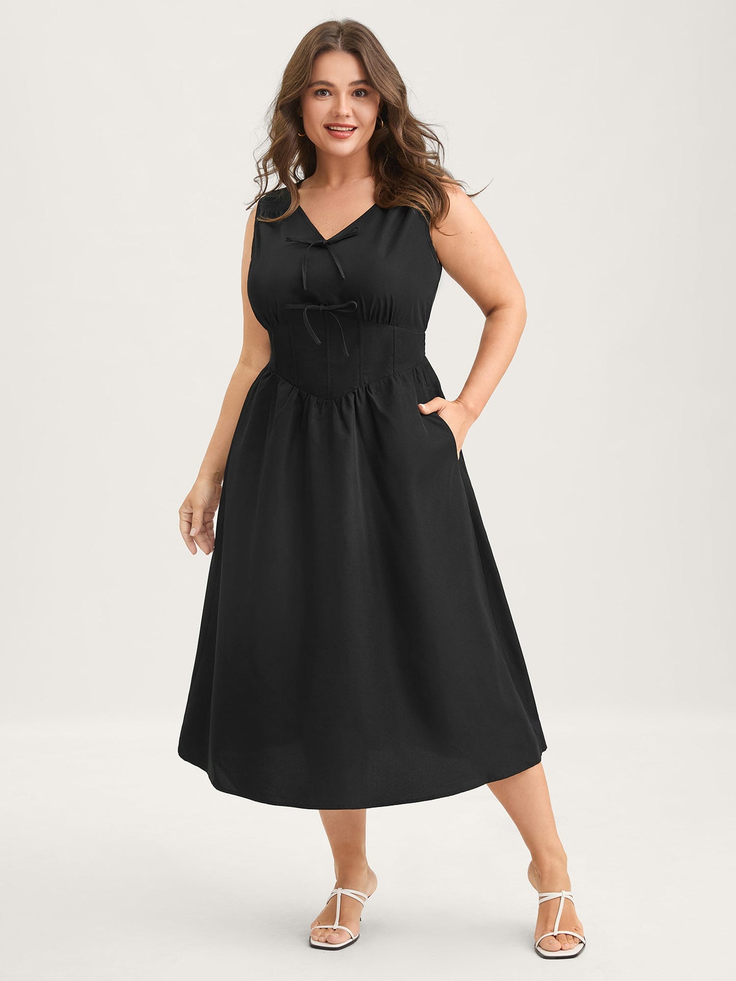 Bow Tie Drop Waist Shirred Midi Dress