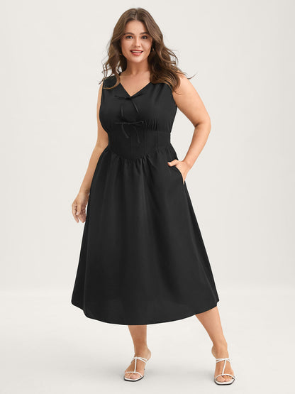 Bow Tie Drop Waist Shirred Midi Dress