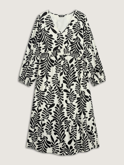 Leafy Print Shirred Waist Midi Dress