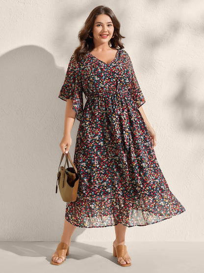 Floral Print Pockets Flared Sleeve Midi Dress