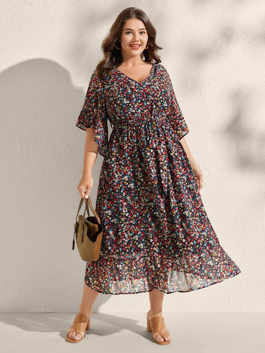 Floral Print Pockets Flared Sleeve Midi Dress