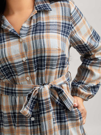 Plaid Print Belted Waist-Defining Midi Dress