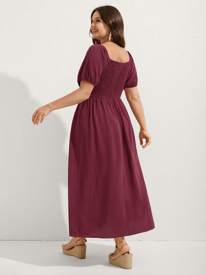 Puff Sleeve Shirred Slit Midi Dress