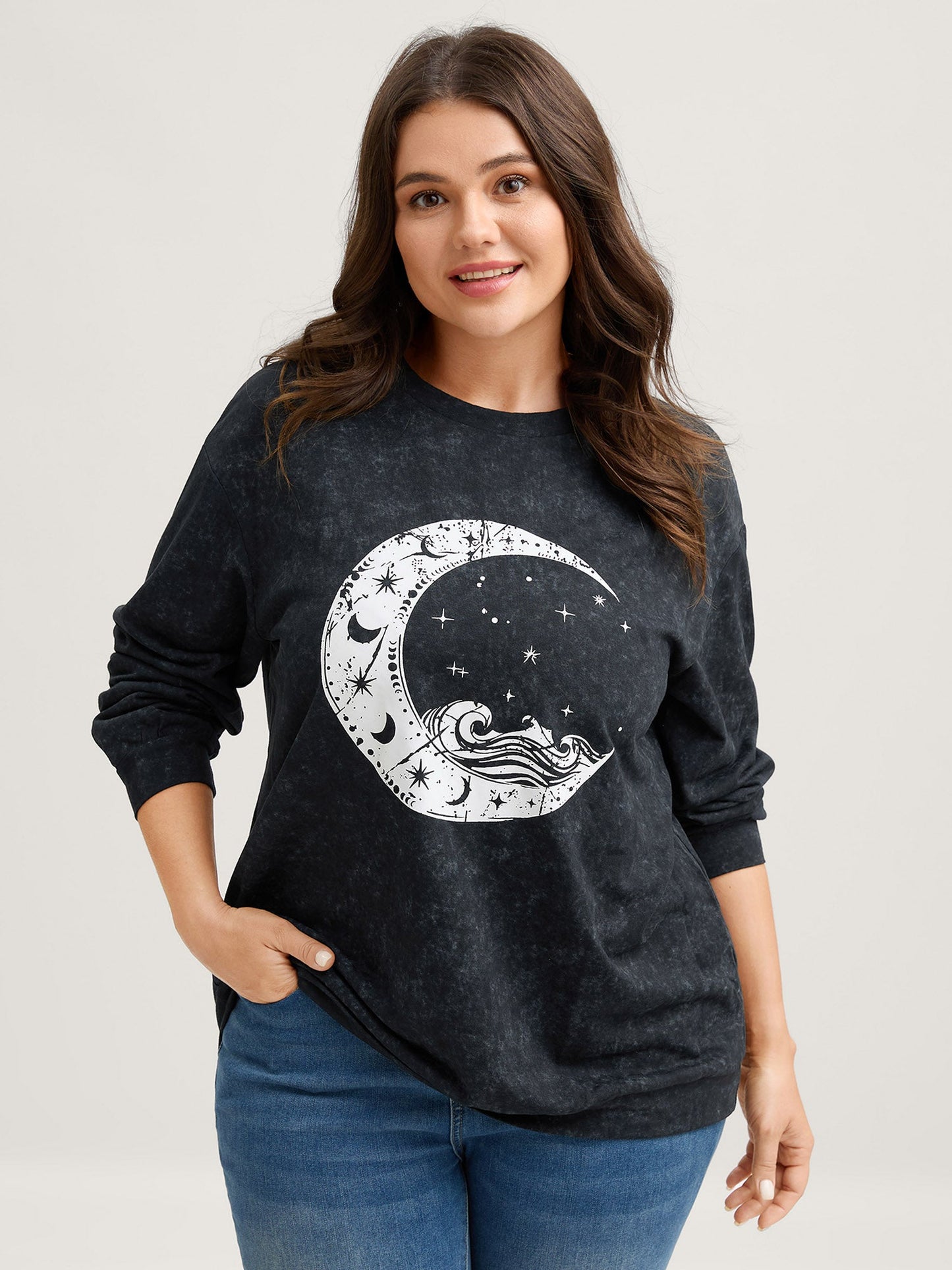 Celestial Print Vintage Solid Sweatshirt