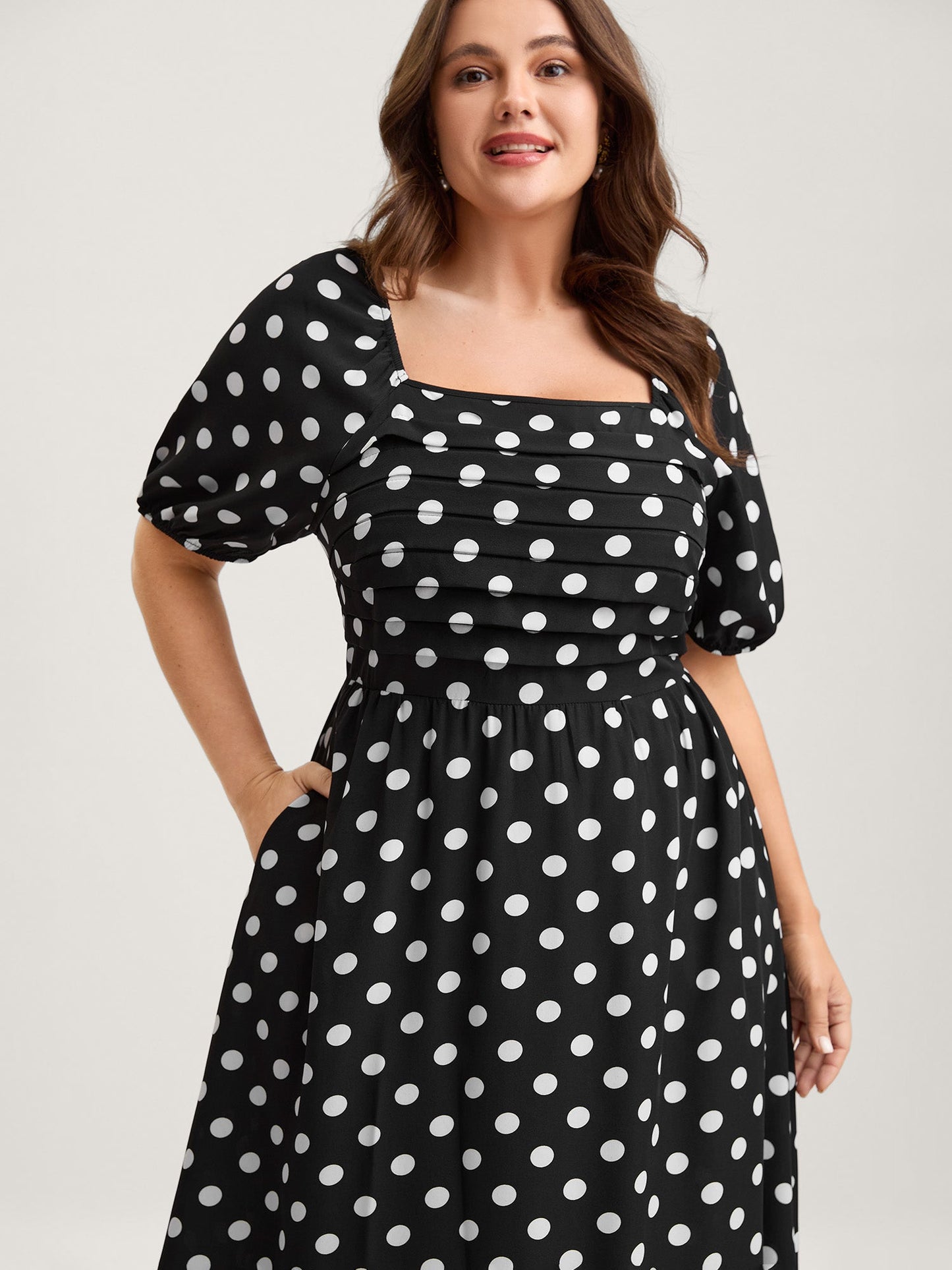 Polka Dots Pleated Bodice Midi Dress