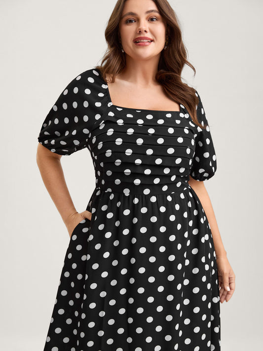 Polka Dots Pleated Bodice Midi Dress