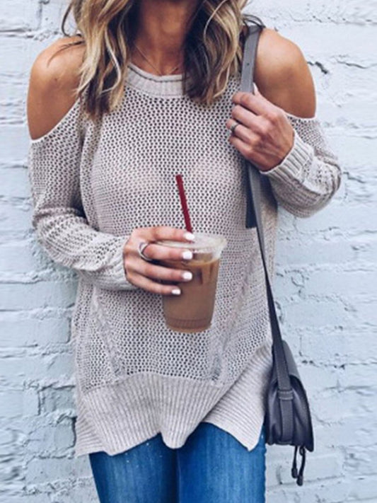 Round Neck Hollow Out Long Sleeve Elegant Sweaters