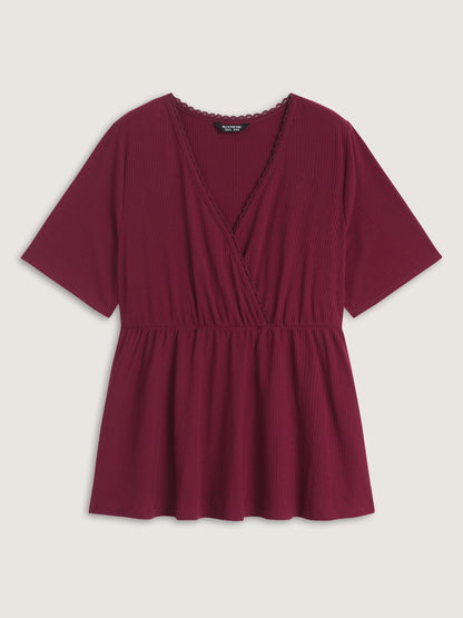 Ribbed Lace Surplice Flared Solid Blouse