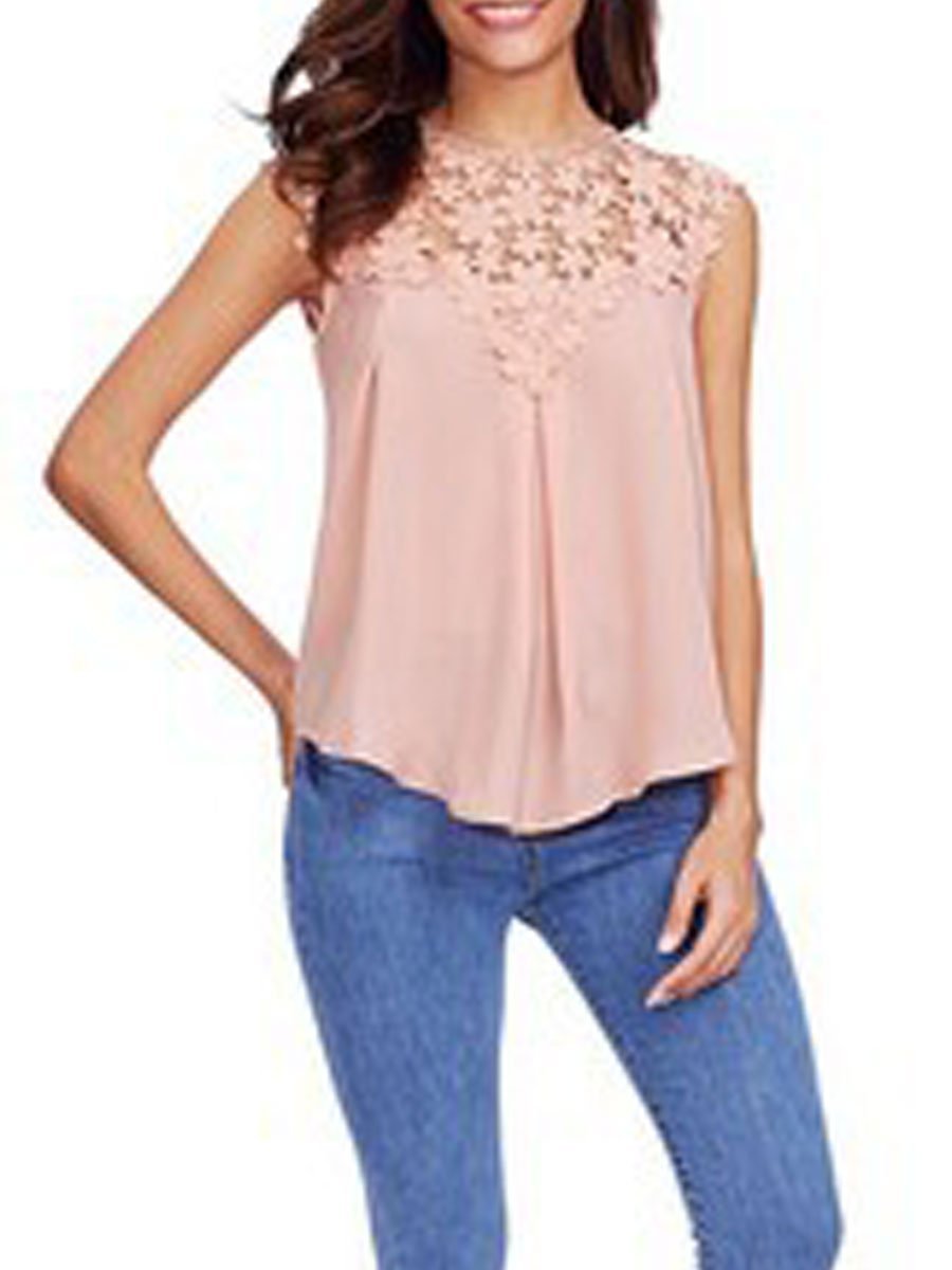 Round Neck  Decorative Lace See-Through Tops