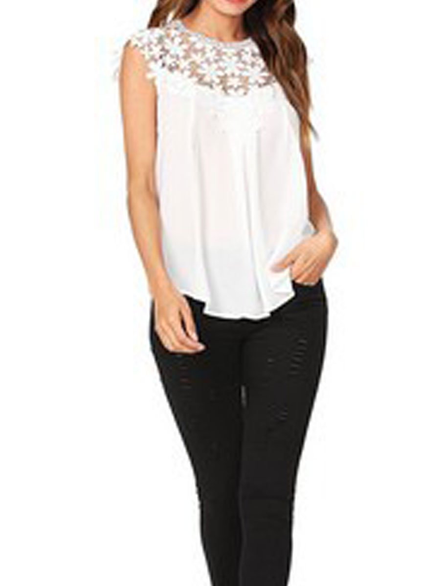 Round Neck  Decorative Lace See-Through Tops