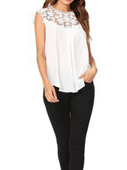 Round Neck  Decorative Lace See-Through Tops