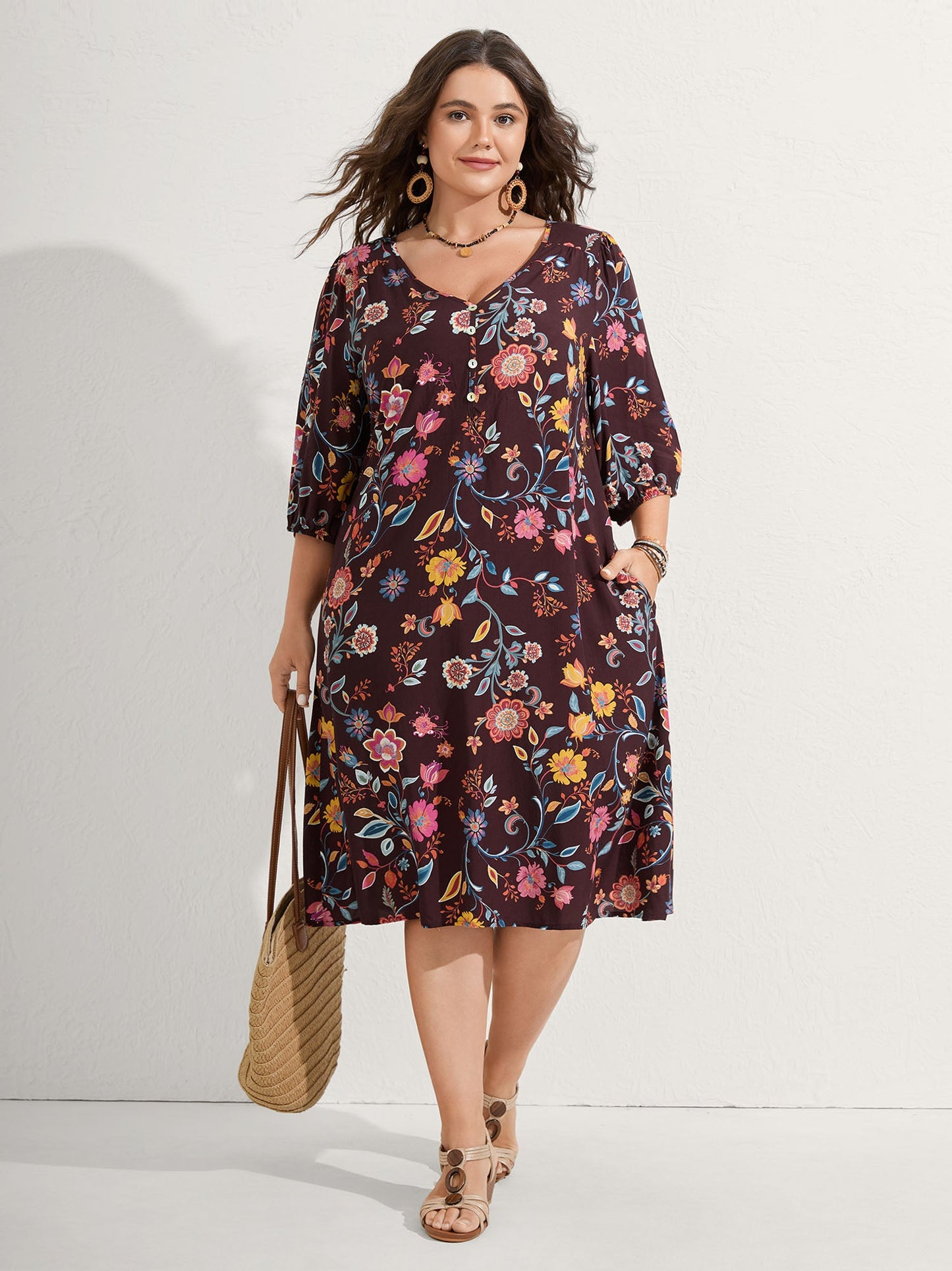 Rayon Boho Floral Placket Midi Dress