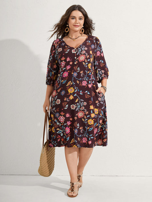 Rayon Boho Floral Placket Midi Dress