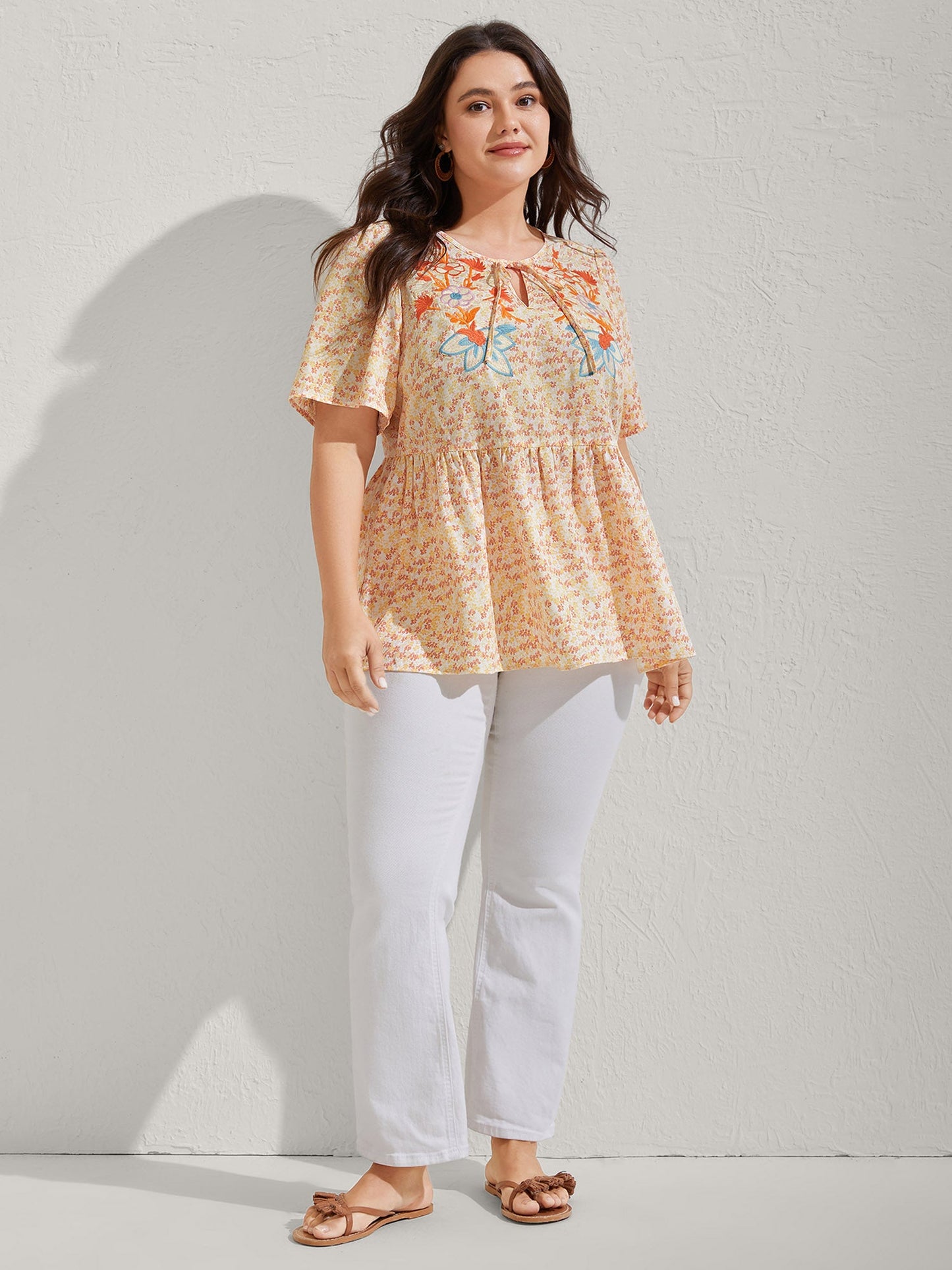 Floral Embroidery Neck Tie Blouse