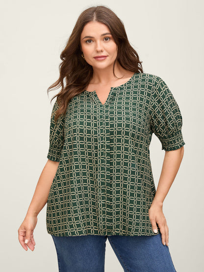 Floral Shirred Split Neckline Blouse