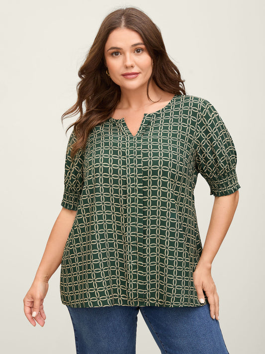 Floral Shirred Split Neckline Blouse