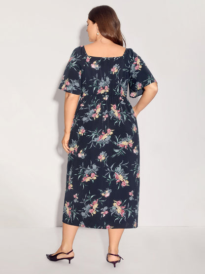 Notched Collar Floral Print Overlap Midi Dress