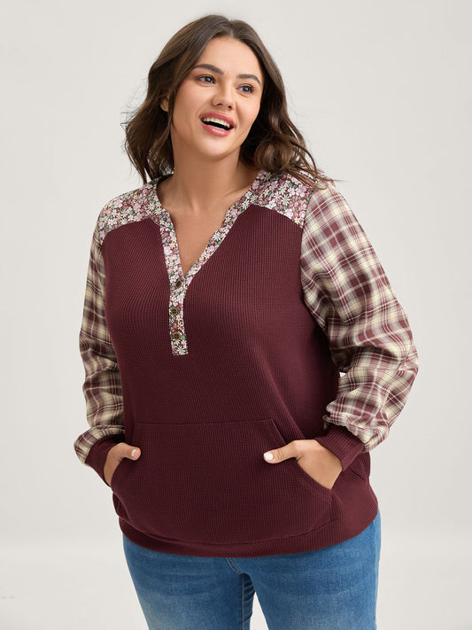 Mixed Print Textured Split Neck Sweatshirt