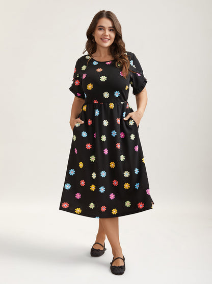 Stretchy-Waist Floral Print Pockets Midi Dress