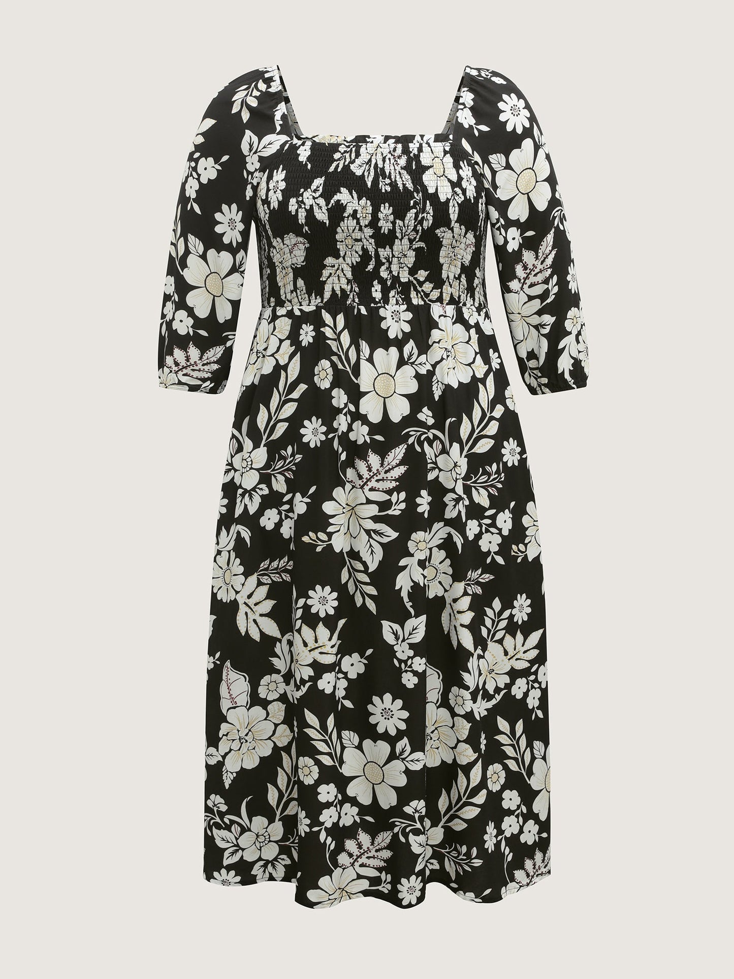 Floral Print Slit Shirred Bodice Midi Dress