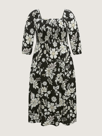 Floral Print Slit Shirred Bodice Midi Dress