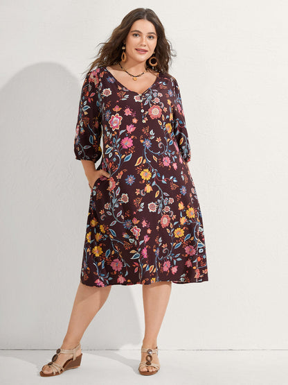 Rayon Boho Floral Placket Midi Dress