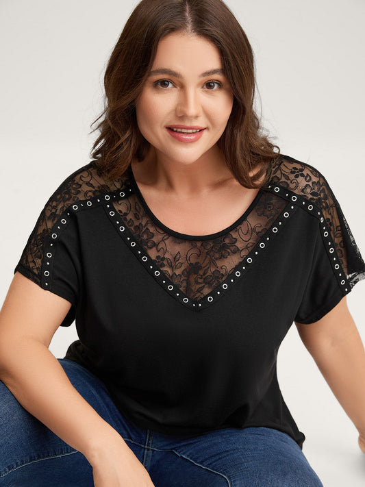 Lace Trim Sheer Solid T-Shirt