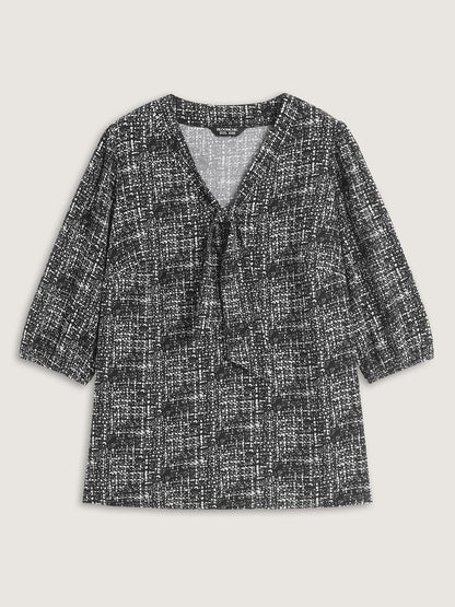 Tweed Print Knot Neck Blouse