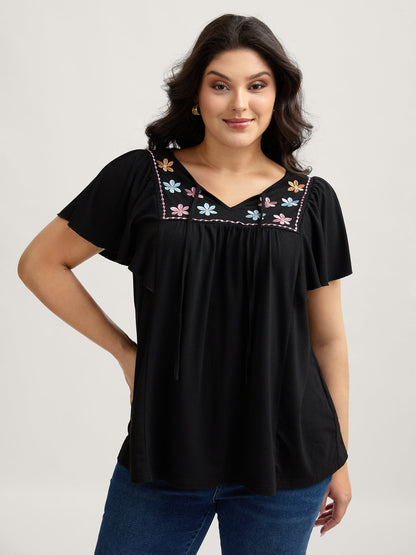 Floral Neck Embroidery Flowy T-Shirt