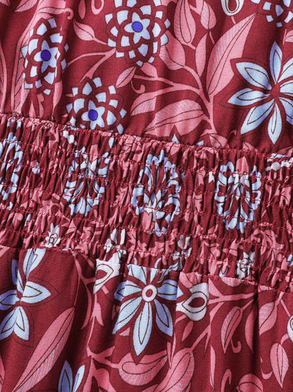 Rayon Boho Floral Shirred Waist Midi Dress