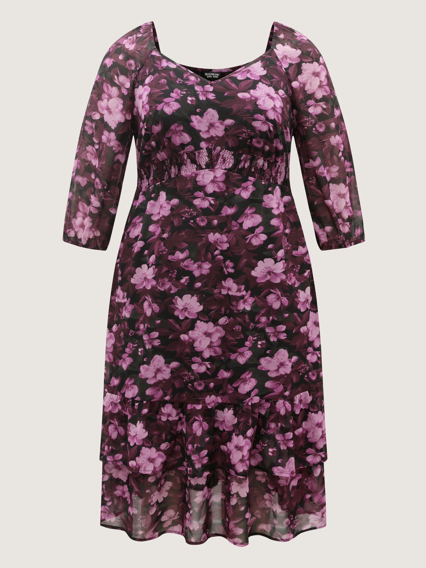 Large Floral Print Shirred Waist Midi Dress