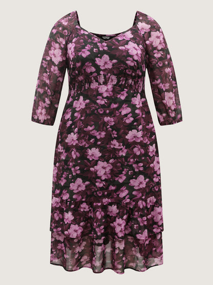 Large Floral Print Shirred Waist Midi Dress