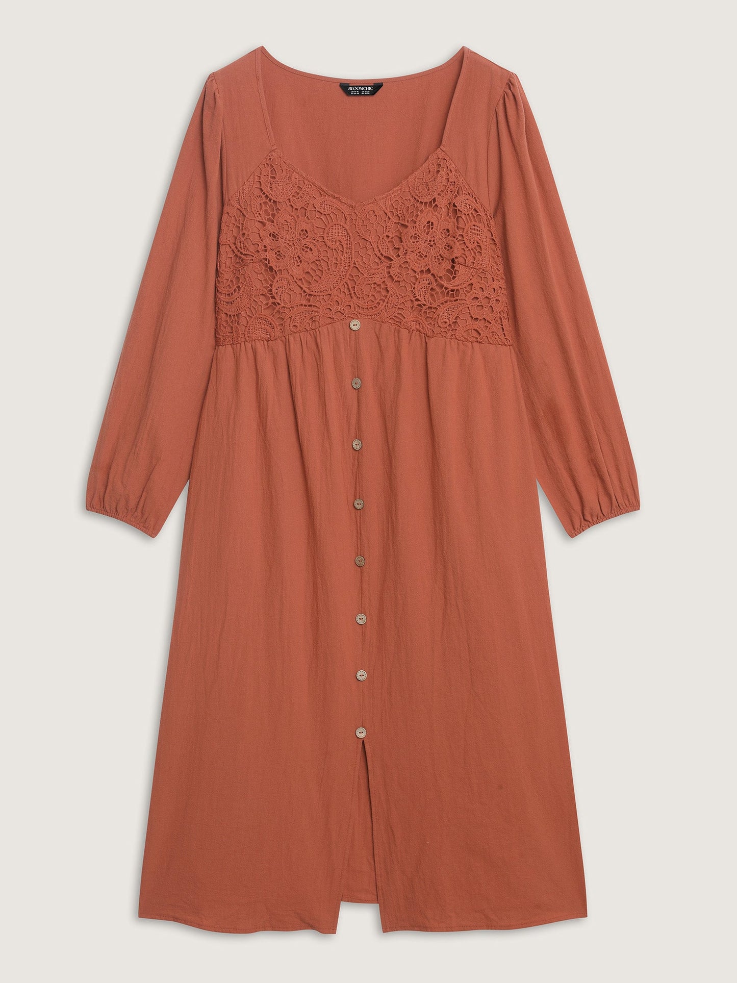 Lace Bodice Puffy Sleeve Button Midi Dress