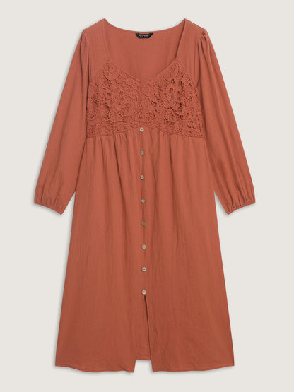 Lace Bodice Puffy Sleeve Button Midi Dress
