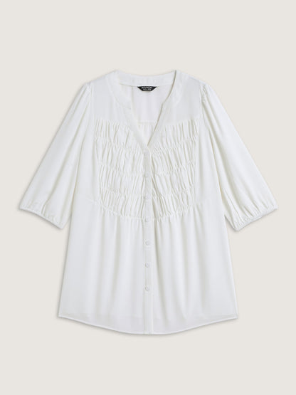 Textured Shirred Front Button Tunic Blouse