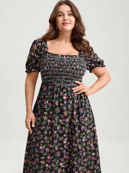 Floral Shirred Bodice Contrast Midi Dress