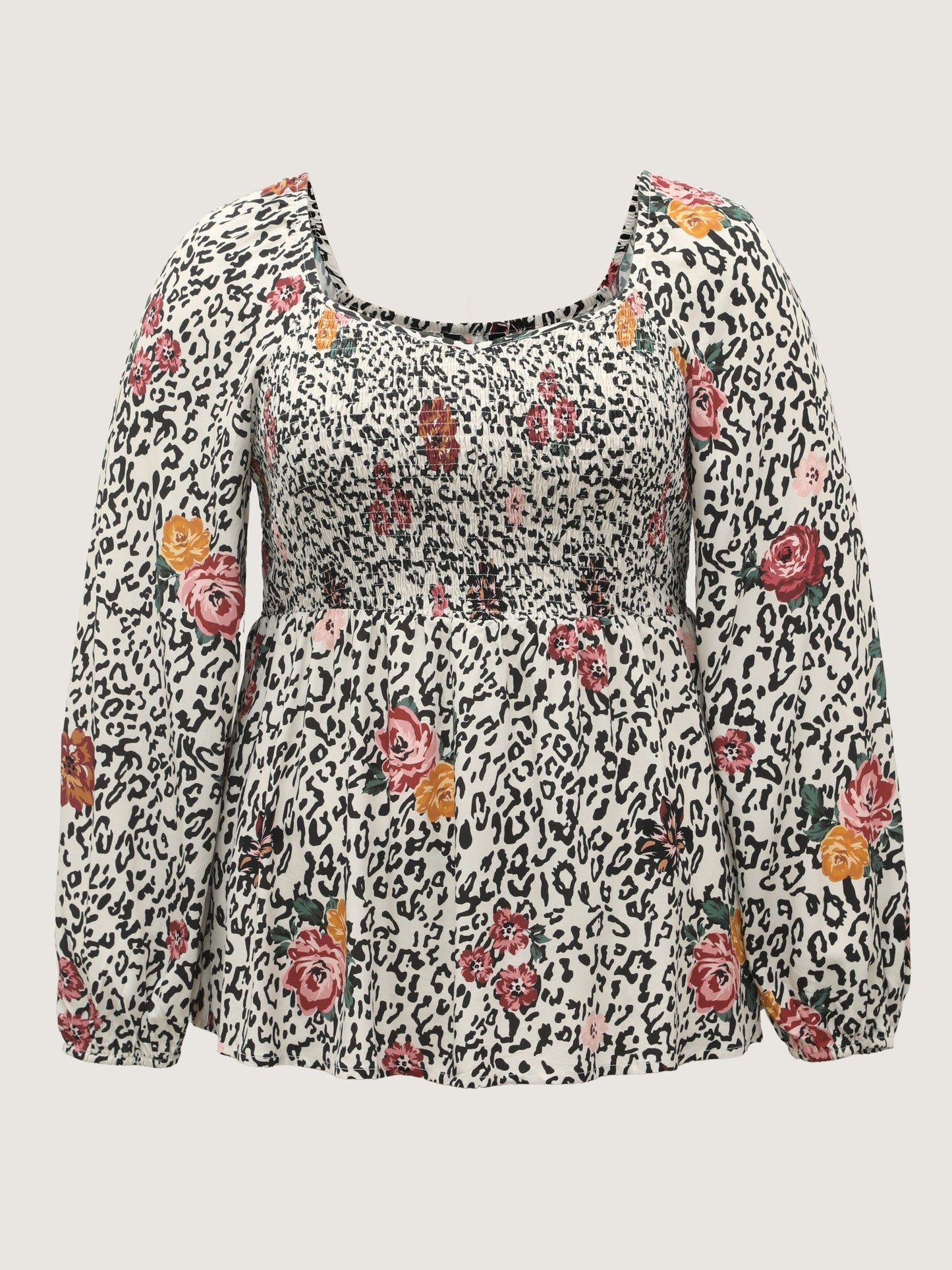 Leopard Floral Print Shirred Blouse