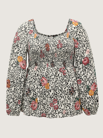 Leopard Floral Print Shirred Blouse