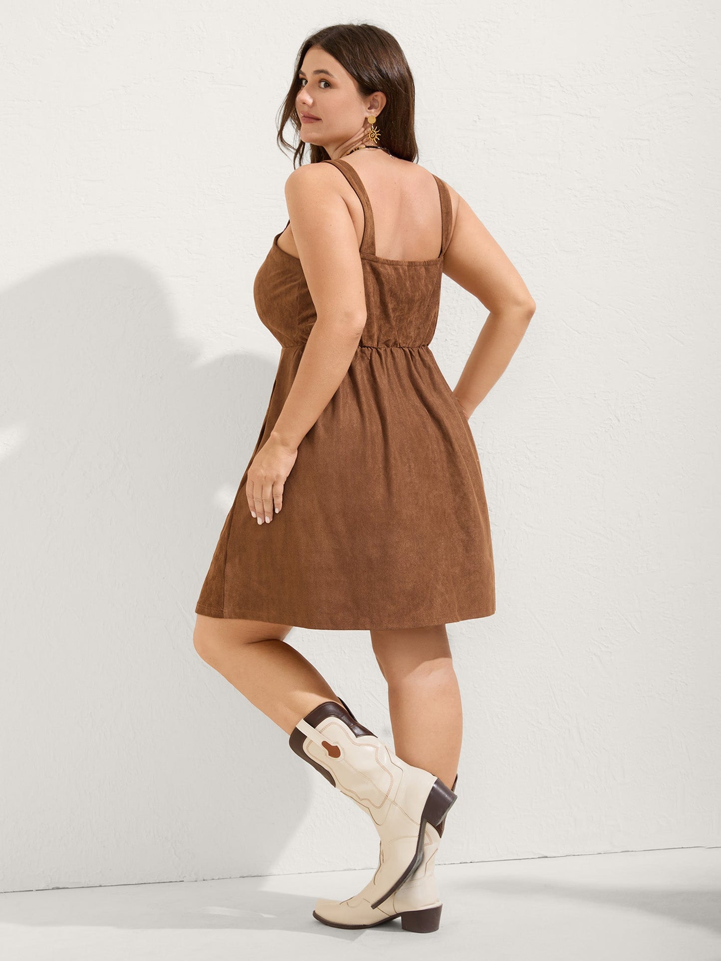 Suede Button Placket Sweetheart Midi Dress