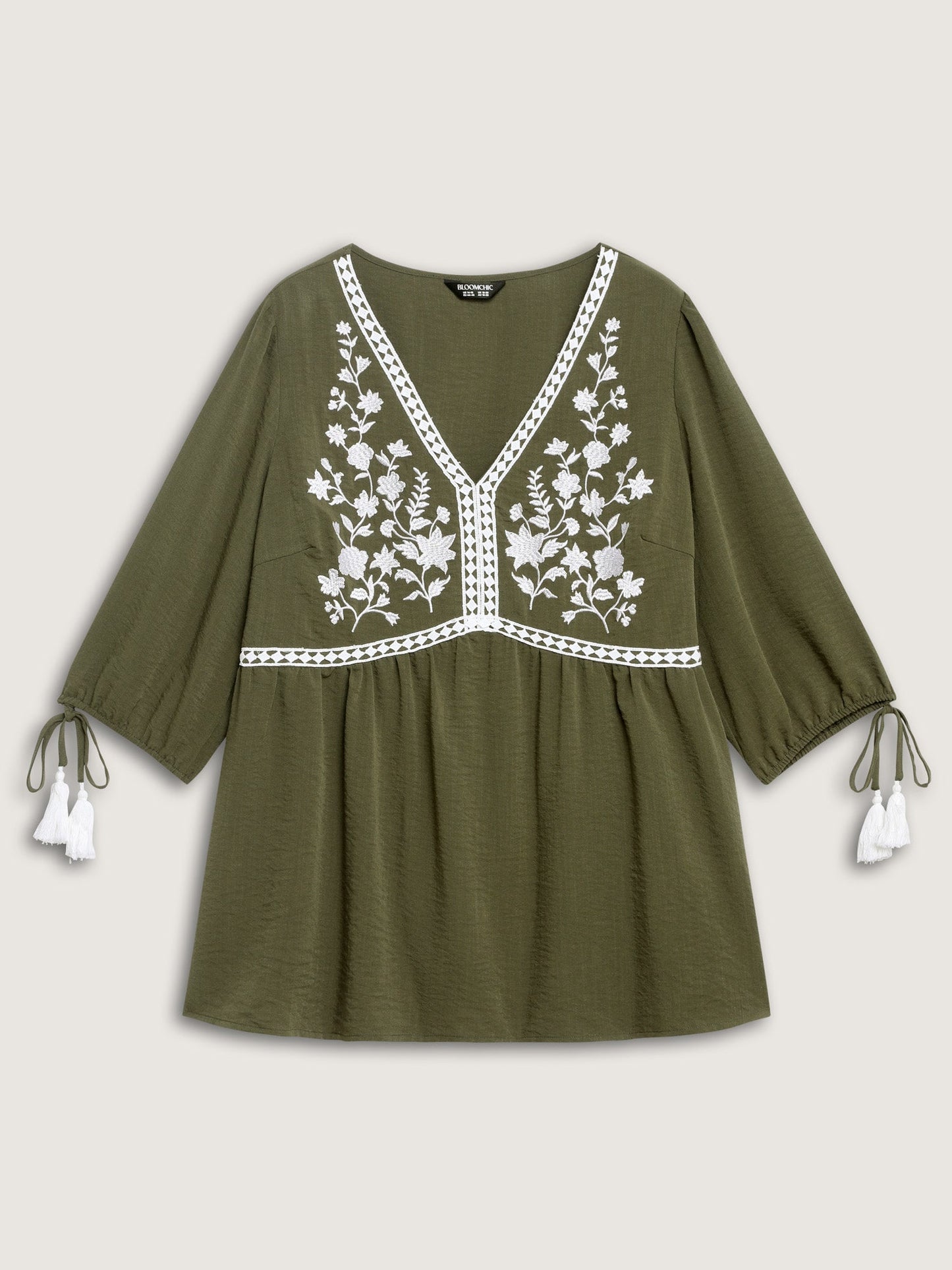 Floral Embroidery Puffy Sleeve-Tie Blouse