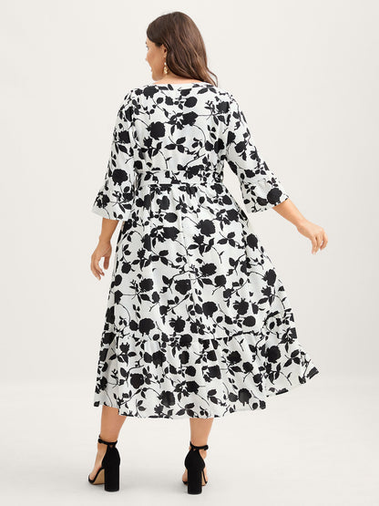 Floral Print Cut-Out Belted Midi Dress