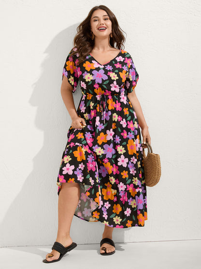 Colorful Floral Print Waist-Tie Midi Dress