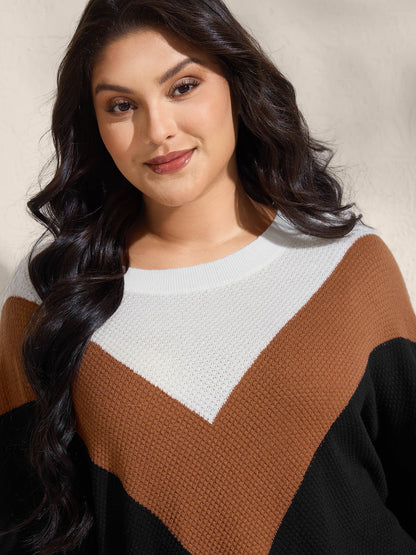 Textured Color Contrast Round Neck Pullover