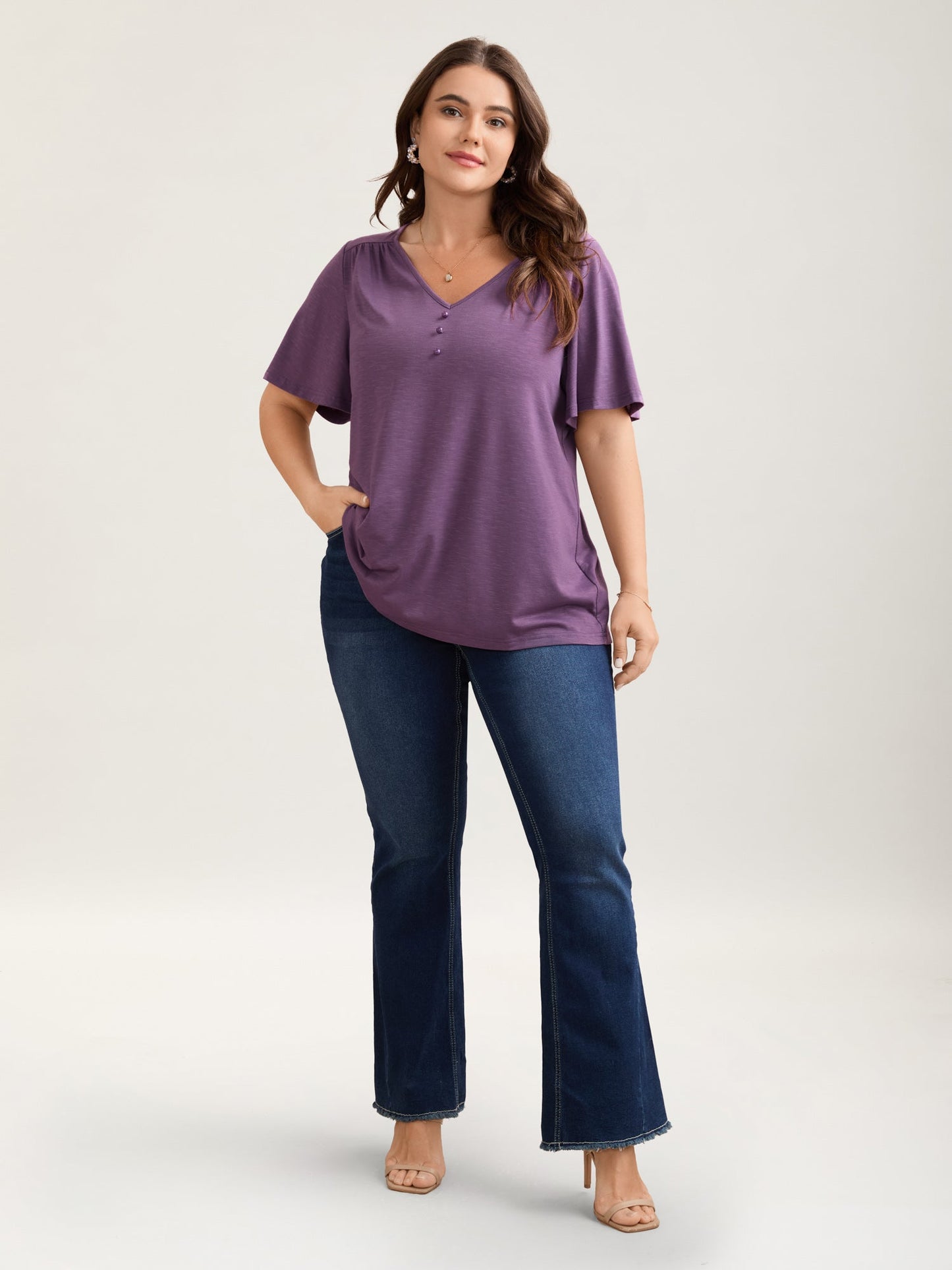 Bamboo Textured Pleated Shoulder Button T-Shirt