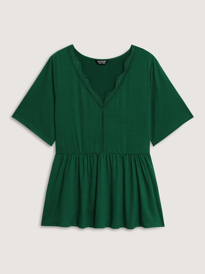 Scalloped Lace Neck Cinched Flared T-Shirt