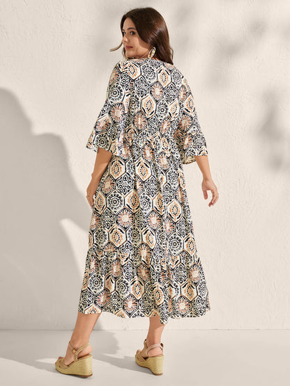 Ornate Print Neck-Tie Maxi Dress