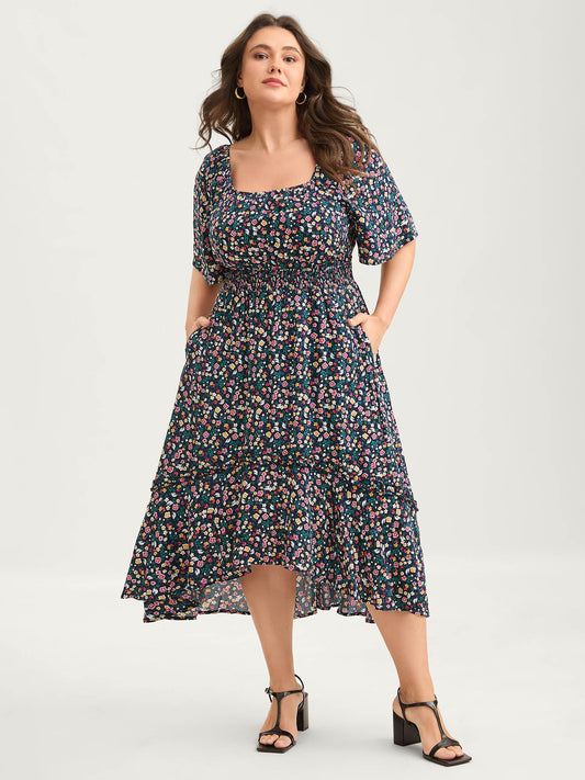 Micro Floral Shirred Asymmetrical Midi Dress