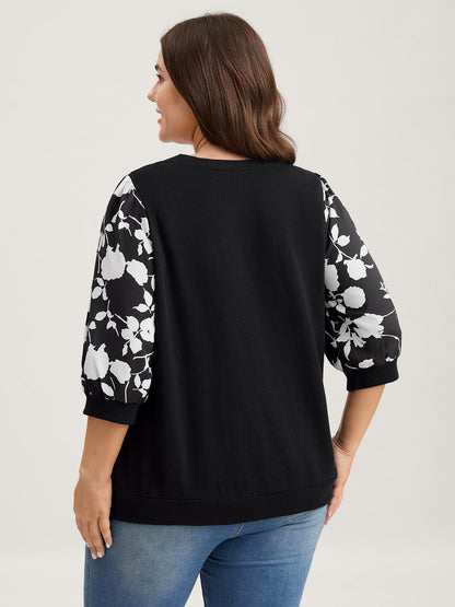 Textured Floral Puffy Sleeve Sweatshirt
