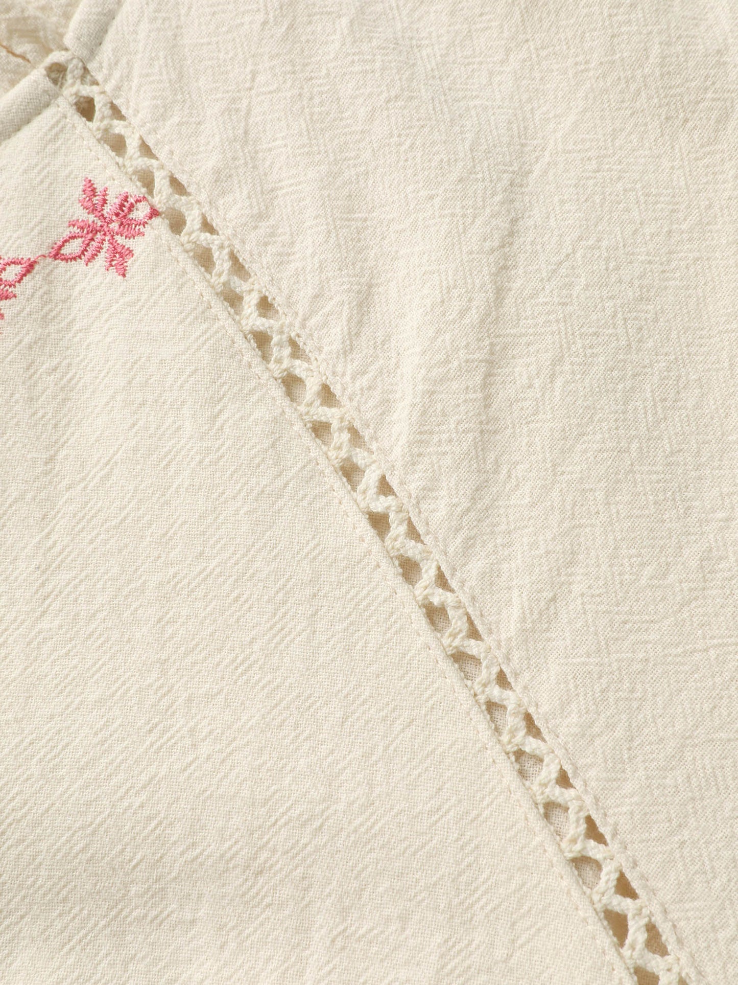 Cotton Lace Embroidered Shirred Neck-Tie Blouse