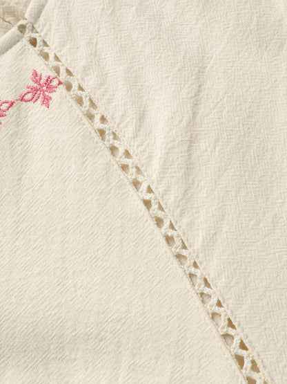 Cotton Lace Embroidered Shirred Neck-Tie Blouse